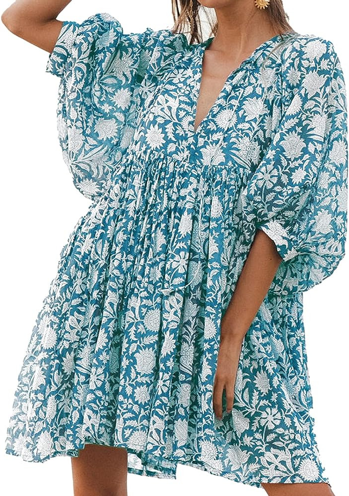 Womens Summer Dresses Casual Boho Floral Babydoll Balloon Sleeve Half Open Tether Flowy Short Bea... | Amazon (US)