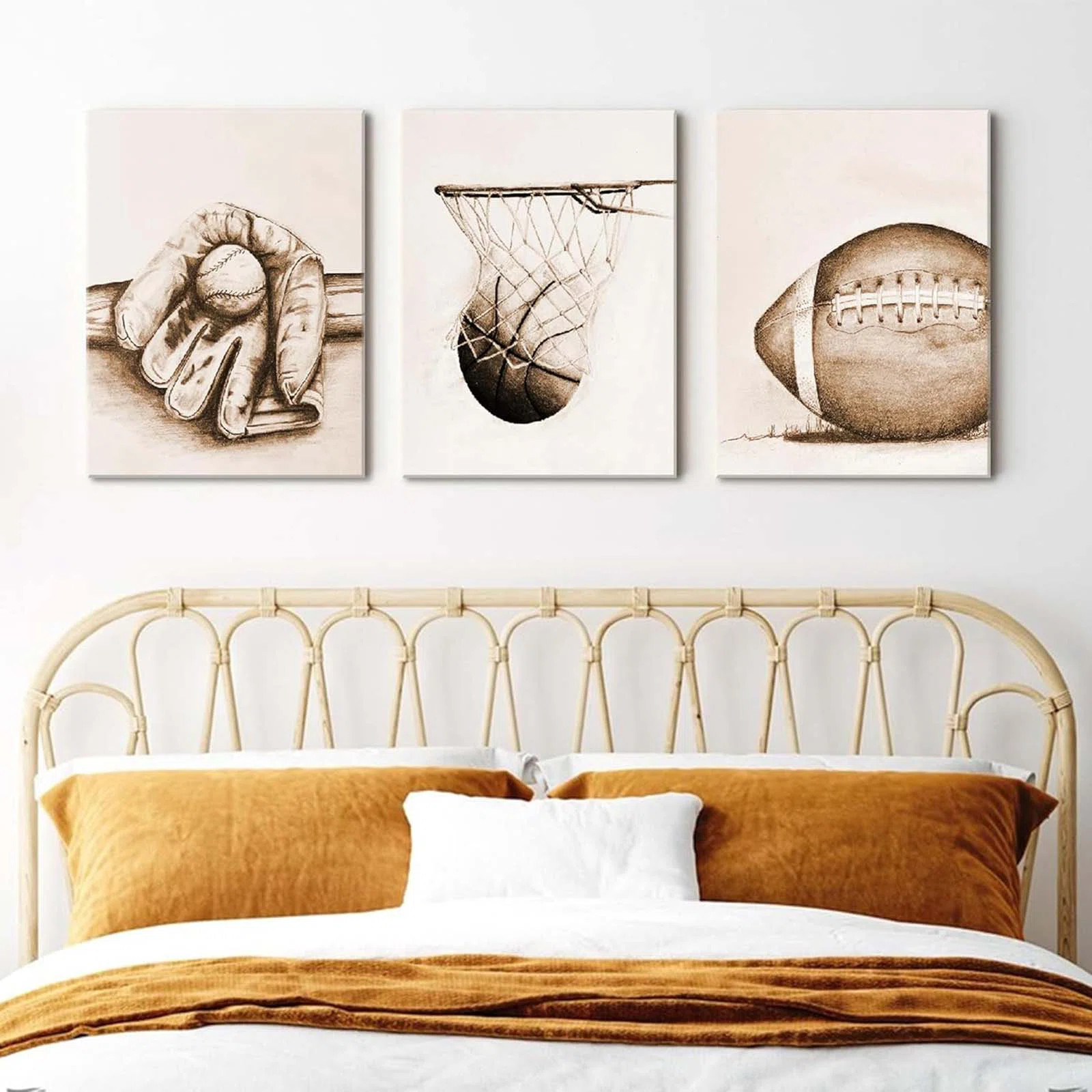 3Pcs Sports Wall Art Football Baseball Basketball Theme Painting Picture Wall Decor Vintage Sport... | Wayfair North America