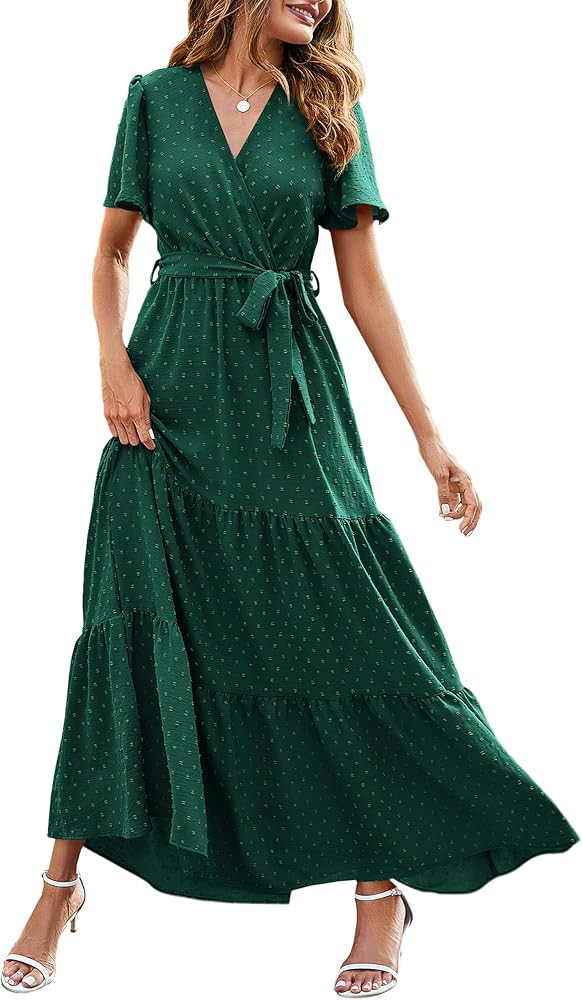 MASCOMODA Womens Boho Swiss Dot Maxi Dresses Wrap V Neck Flutter Short Sleeve Solid Tie Belt A Li... | Amazon (US)