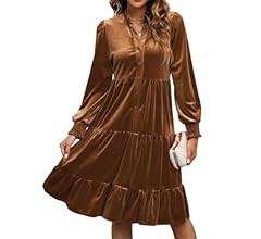 CYLADY Womens Velvet Dress Casual Long Sleeve Velvet Flowy Tiered Ruffle Midi Dress for Wedding G... | Amazon (US)