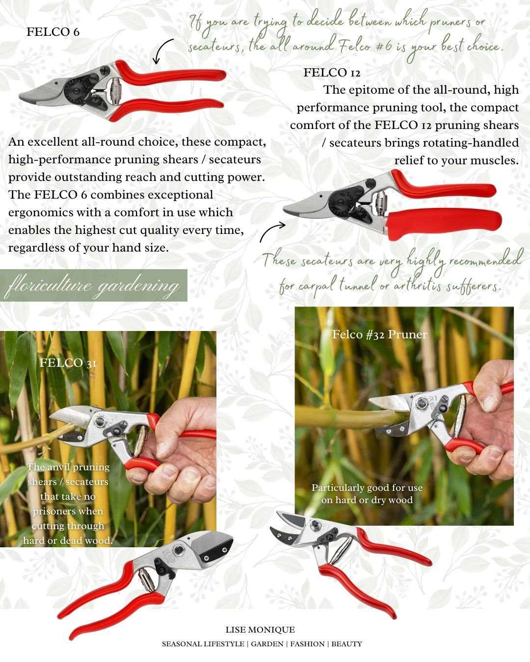 𝗦𝗵𝗼𝗽 ~ 𝗙𝗹𝗼𝗿𝗶𝗰𝘂𝗹𝘁𝘂𝗿𝗲 𝗖𝗼𝗹𝗹𝗲𝗰𝘁𝗶𝗼𝗻

✅ 𝘗𝘭𝘦𝘢𝘴𝘦 𝘧𝘰𝘭𝘭𝘰𝘸 𝘮𝘺 𝘓𝘛𝘒 𝘚𝘩𝘰𝘱, 𝘢𝘯𝘥 𝘮𝘢𝘬𝘦 𝘴𝘶𝘳𝘦 𝘵𝘰 𝘱𝘳𝘦𝘴𝘴 𝘵𝘩𝘦 𝙎𝙐𝘽𝙎𝘾𝙍𝙄𝘽𝙀 𝘽𝙐𝙏𝙏𝙊𝙉 𝘵𝘰𝘰! 𝘠𝘰𝘶 𝘸𝘪𝘭𝘭 𝘣𝘦 𝘯𝘰𝘵𝘪𝘧𝘪𝘦𝘥 𝘢𝘴 𝘴𝘰𝘰𝘯 𝘢𝘴 𝘐 𝘱𝘰𝘴𝘵 𝘰𝘯 𝘮𝘺 𝘴𝘵𝘰𝘳𝘦! 𝘐 𝘢𝘮 𝘢𝘯 𝘢𝘷𝘪𝘥 𝘨𝘢𝘳𝘥𝘦𝘯𝘦𝘳 𝘢𝘯𝘥 𝘸𝘪𝘭𝘭 𝘣𝘦 𝘩𝘢𝘷𝘪𝘯𝘨 𝘮𝘢𝘯𝘺 𝘷𝘪𝘥𝘦𝘰𝘴 𝘱𝘰𝘴𝘵𝘦𝘥 𝘸𝘪𝘵𝘩 𝘢𝘭𝘭 𝘴𝘰𝘳𝘵𝘴 𝘰𝘧 𝘵𝘪𝘱𝘴, 𝘢𝘯𝘥 𝘪𝘯𝘴𝘱𝘪𝘳𝘢𝘵𝘪𝘰𝘯!  

When I first started out gardening, I purchased according to my budget I felt comfortable with. That being said, I know I spent way more on gardening tools that would only last a season, or two and usually failed, went rusty or worse just broke. I would inevitably have to repurchase over and over. They just did not stand the test of time. Finally, tiring of this repeat buying, I started investing in 𝘲𝘶𝘢𝘭𝘪𝘵𝘺 garden tools. Every year at the beginning of the season I would purchase a good quality garden tool or two. And…slowly the repeat buying slowed down. Considerably. 
Not only that, My gardening became more pleasurable, the tasks just easier, and sometimes crazy great! 
If you’re a gardener you will understand, the joy of working your garden using high quality tools and how much more enjoyable the tasks are.

I will be sharing my collection of gardening tools over this gardening season on video form so we all know how to maintain these amazing tools so they last. 




#dewit #sneedoer #felco #pruners #secateurs #gardening #gardentools 

#LTKSeasonal #LTKHome #LTKMens