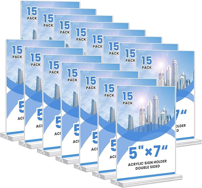 Acrylic Sign Holder, 5x7, 15 Pack Vertical Clear Table Menu Display, Double Sided, Plastic Stand,... | Amazon (US)