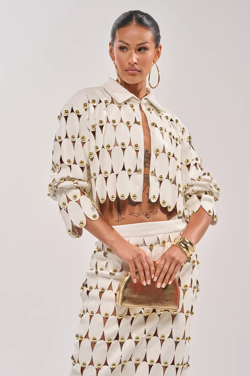 THE SNEAK PEEK STUDDED PU CROP CARDIGAN IN WHITE | AKIRA
