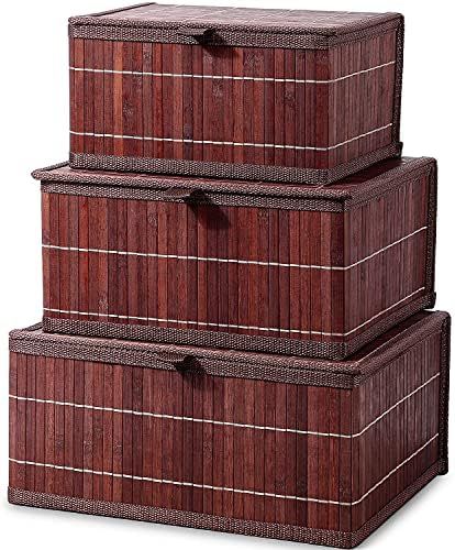 Honygebia Brown Bamboo Decorative Storage Boxes - Rectangle Lined Basket with lids Organizer for She | Amazon (US)