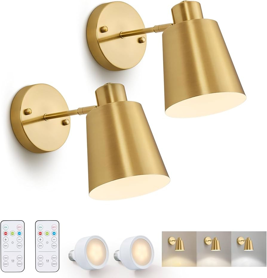 2 Pack Gold Magnetic Wireless Battery Operated Wall Sconces, Dimmable Battery Powered Wall Decor ... | Amazon (US)