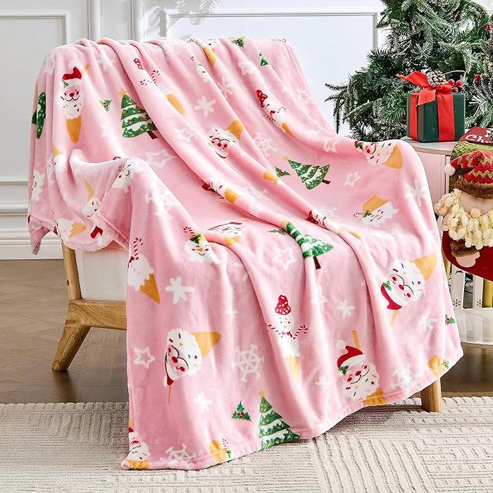 Christmas Blanket Soft Cozy Pink Throws with Snowman Snowflake Santa Claus and Xmas Trees Print, ... | Amazon (US)