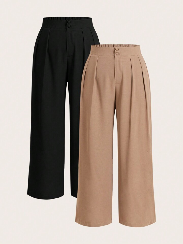 Elaquor Plus Size Women's Solid Color Pleated Wide Leg Casual Pants, Autumn Women's Trousers, Button, Zipper Trousers, Elastic Back Waist Trousers, Office Trousers For Women | SHEIN