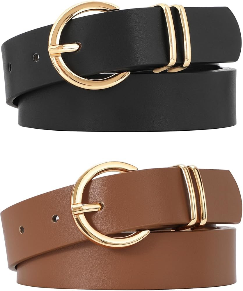 VONMELLI 2 Pack Women's Leather Belts for Jeans Dresses Fashion Gold Buckle Ladies Belt | Amazon (US)