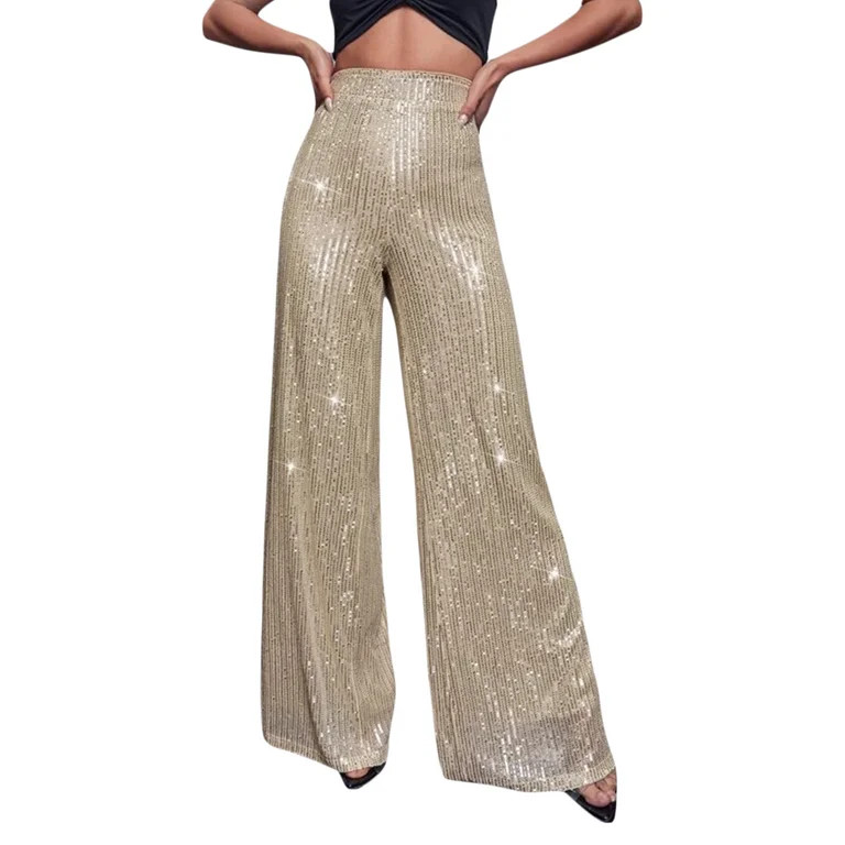 Women Sequin Wide Leg Pants Glitter Sparkle High Waist Loose Trousers for Party Club | Walmart (US)