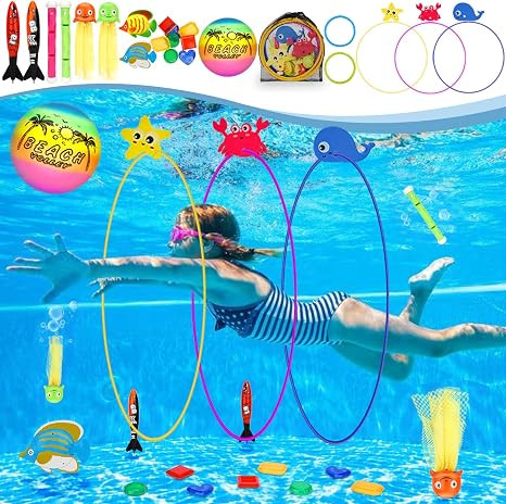 Diving Toys, 27 Pcs Pool Toys with Swim Thru Rings for Kids Age 3-12, Dive Sticks, Rings, Gem, Oc... | Amazon (US)