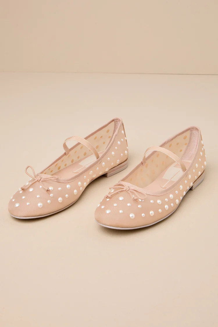 Cadel Blush Mesh Pearl Bow Ballet Flats | Lulus