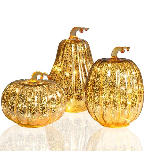Fall Lighted Glass Pumpkins Set of 3 – Battery Operated Mercury Glass Pumpkin Decor with LED Lights, Autumn Thanksgiving Halloween Table Centerpiece Decorations for Home, Fireplace, Mantel, 8"/7"/6" | Amazon (US)