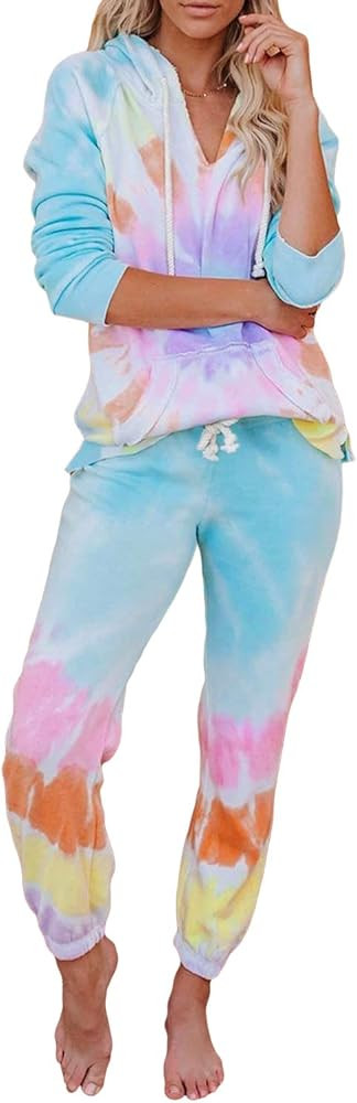 Asvivid Womens Tie Dye Printed Long Sleeve Tops and Pants Long Pajamas Set Joggers PJ Sets Nightw... | Amazon (US)