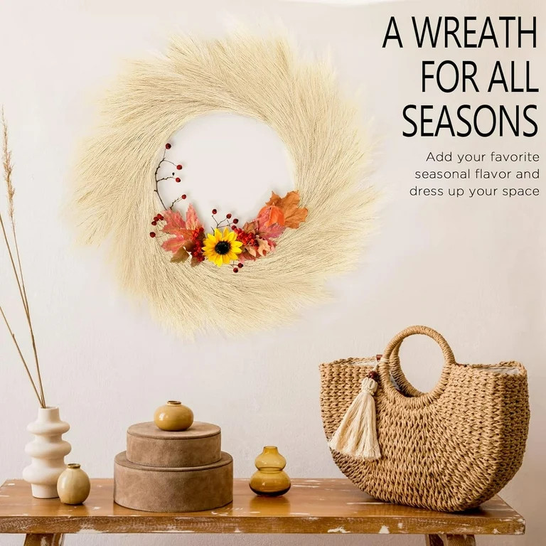 TETOU Artificial Pampas Grass Wreath, 26" Faux Pampas Grass Decor for All Seasons Home Boho Fall ... | Walmart (US)
