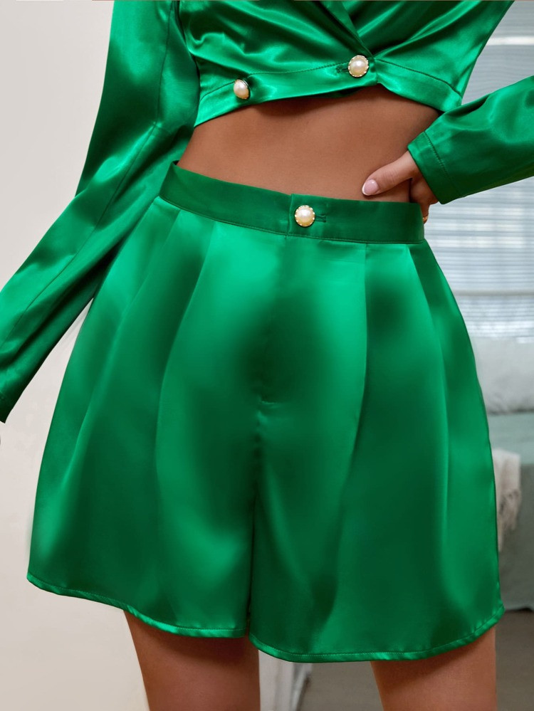 Satin Pleated Detail Wide Leg Shorts | SHEIN