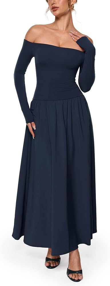 INLYRIC Women's Off The Shoulder Long Sleeve Maxi Dresses Elegant Formal Wedding Guest Cocktail L... | Amazon (US)