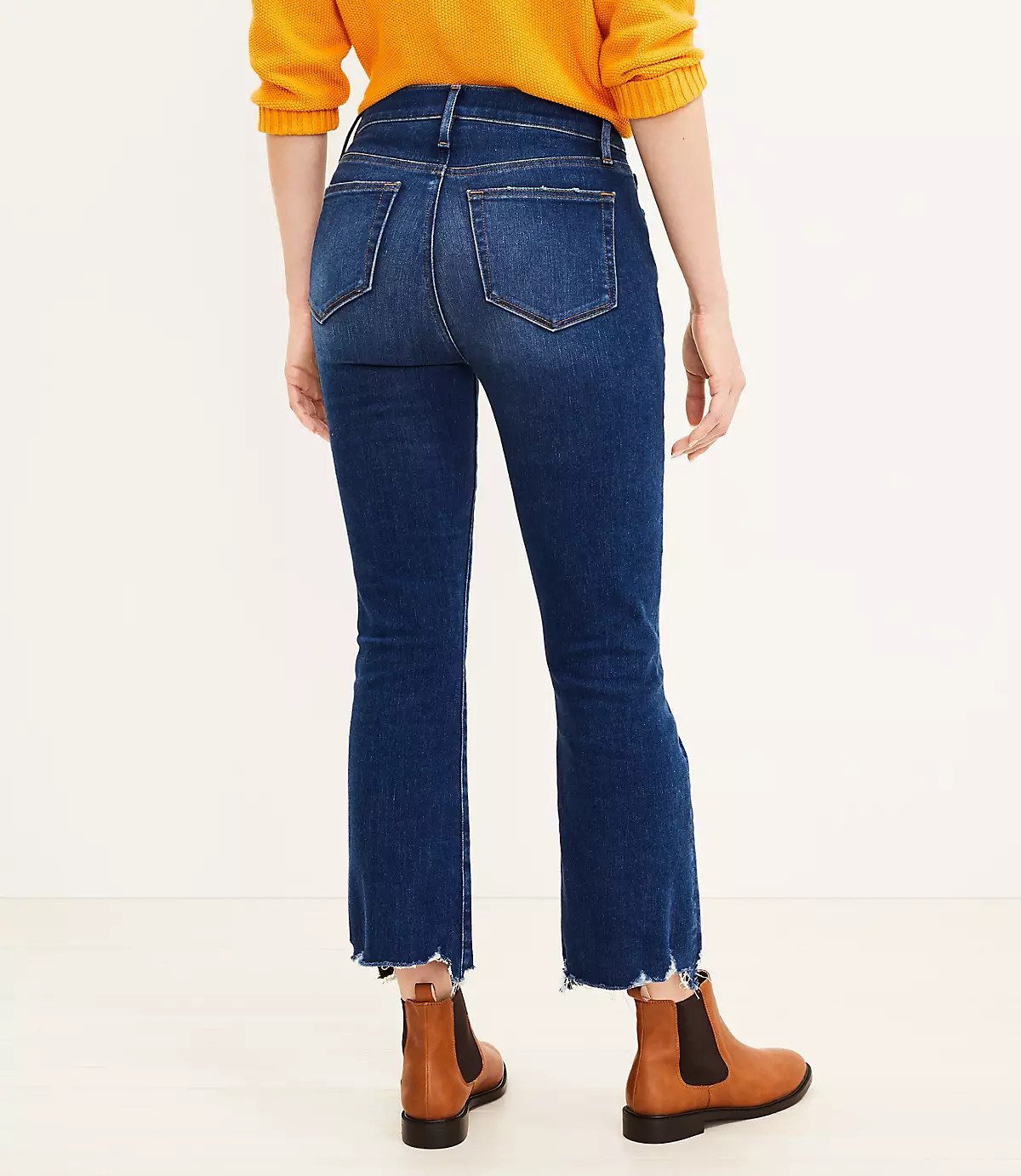 Curvy Chewed Hem High Rise Kick Crop Jeans in Destructed Mid Wash | LOFT