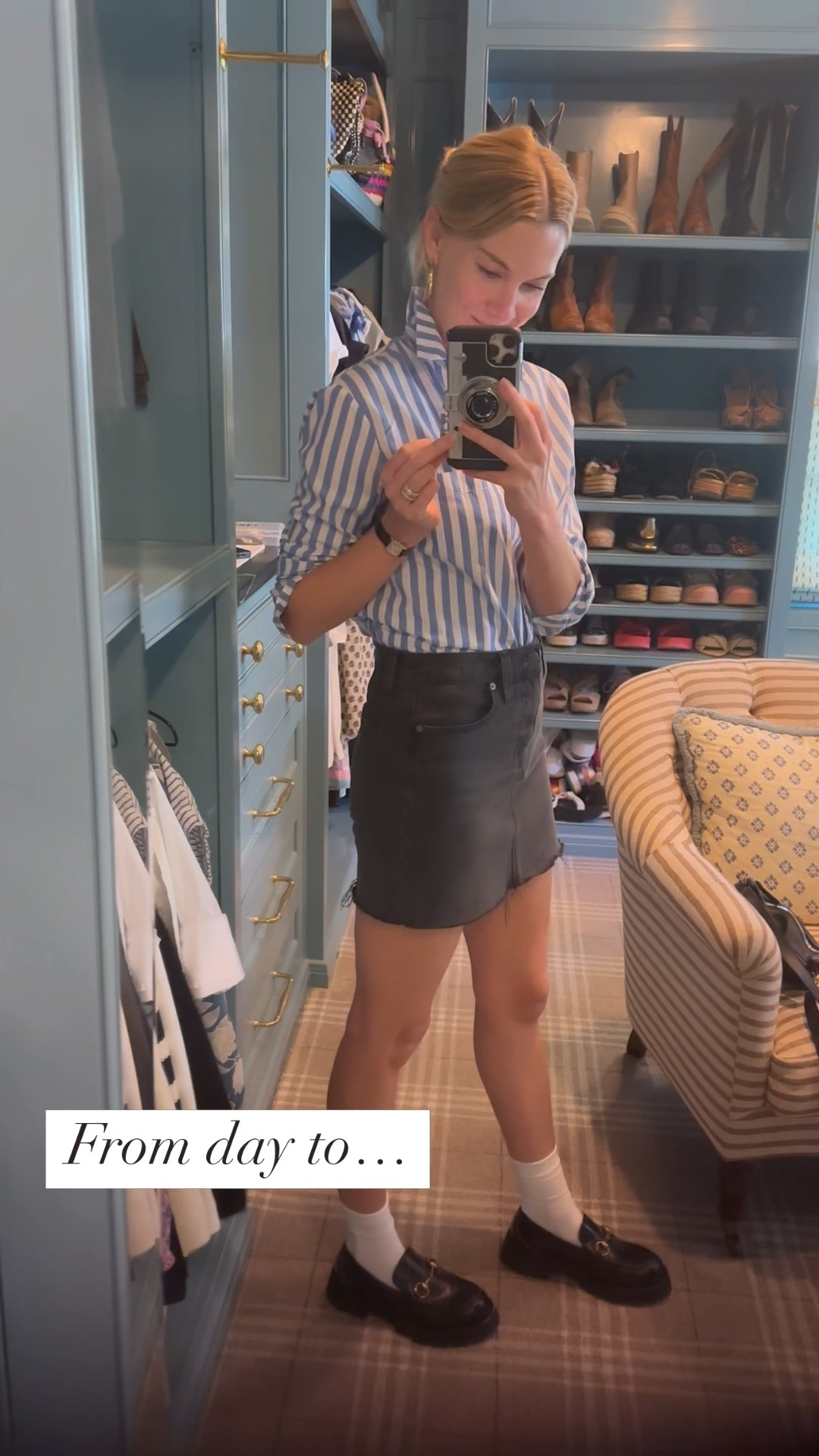 I had fun taking this outfit from day to night by swapping out my denim skirt for my leather skirt!! I’m also totally digging socks with loafers. Takes me right back to my middle school days, and I’m not sad about it! And yes, that’s what my closet looked like after trying to figure those outfits out, but it was fun! 🤷🏼‍♀️ 

#LTKOver40 #LTKVideo #LTKStyleTip
