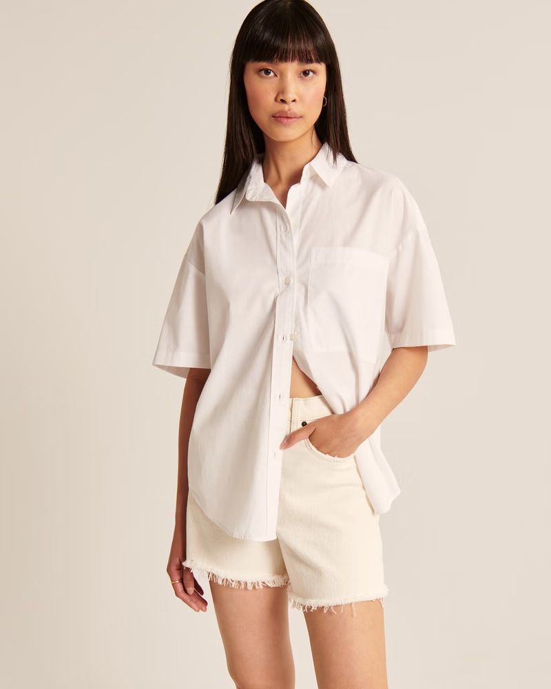 Women's Oversized Short-Sleeve Poplin Button-Up Shirt | Women's Tops | Abercrombie.com | Abercrombie & Fitch (US)