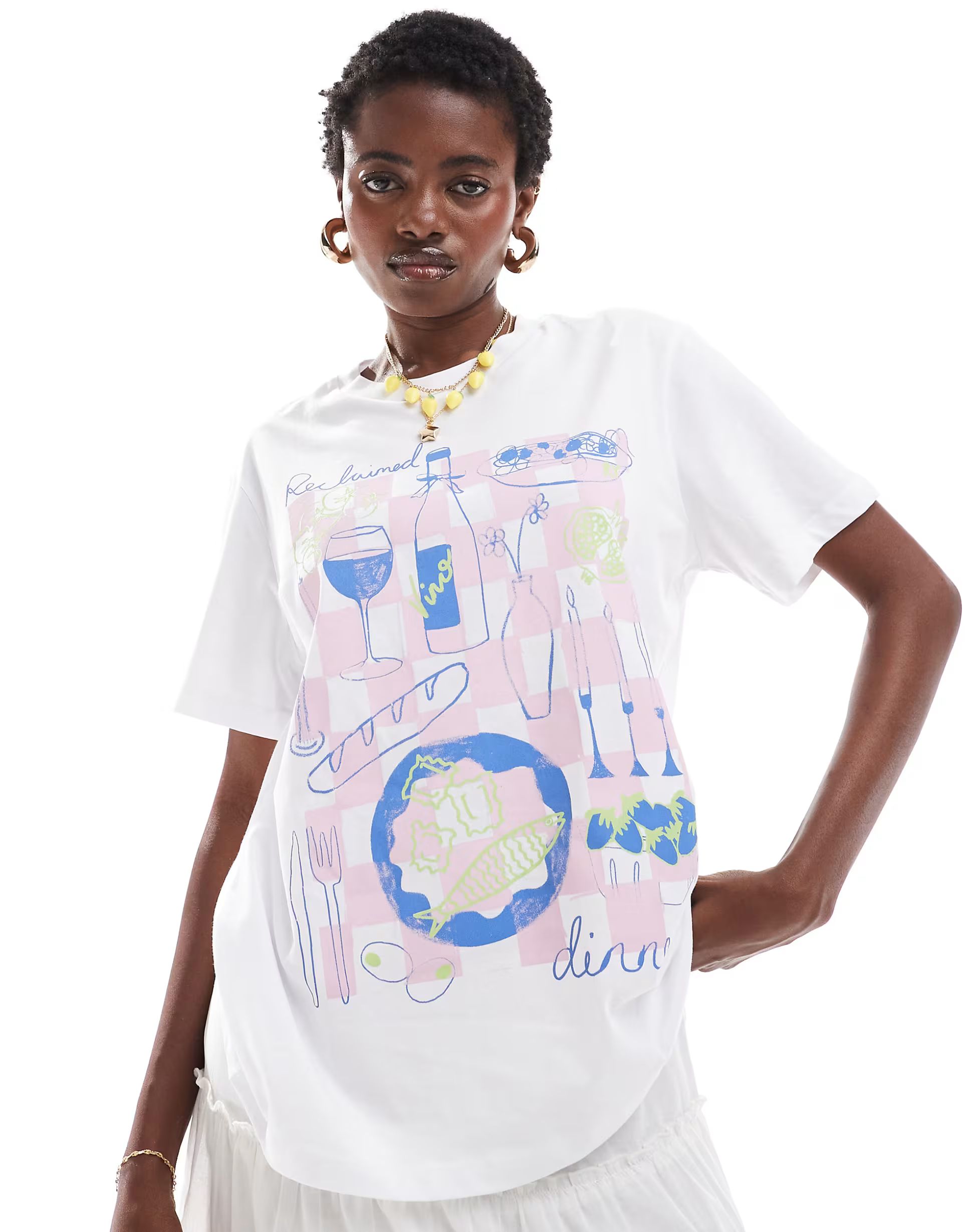 Reclaimed Vintage oversized t-shirt with handrawn food and drink print in white | ASOS | ASOS (Global)