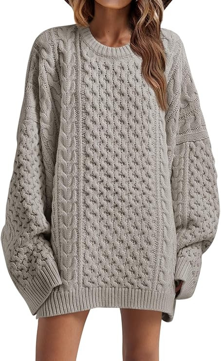 Saodimallsu Womens Oversized Sweaters Chunky Cable Knit Crewneck Long Sleeve Loose Tunic Mini Swe... | Amazon (US)