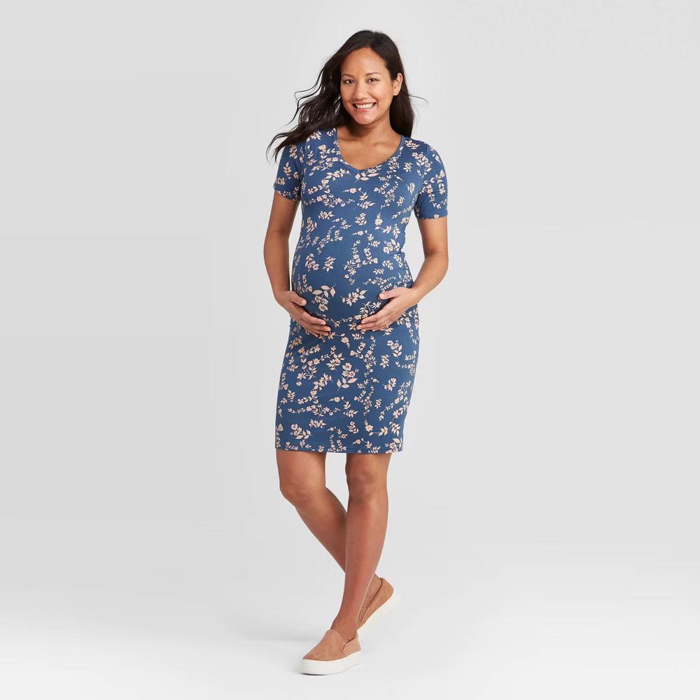 Floral Print Short Sleeve Side Shirred Maternity Dress - Isabel Maternity by Ingrid & Isabel Navy XL | Target