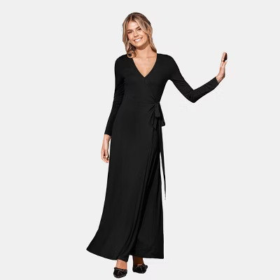 Women's Elegant Long Sleeve Wrap Maxi Dress with Tie Waist - Cupshe-M-Black | Target