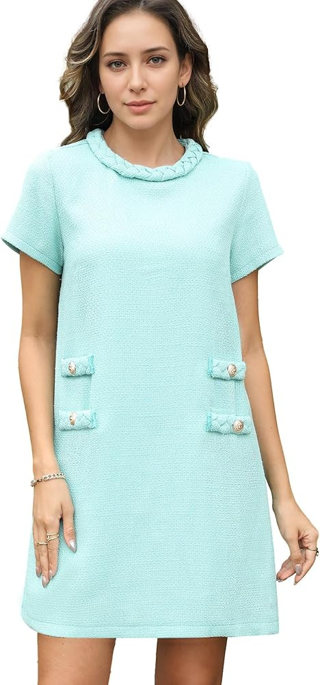 SeeLuNa Women's Tweed Dress Short Sleeve Crew Neck A-line Party Vintage Mini Skirt Causal Dresses | Amazon (US)