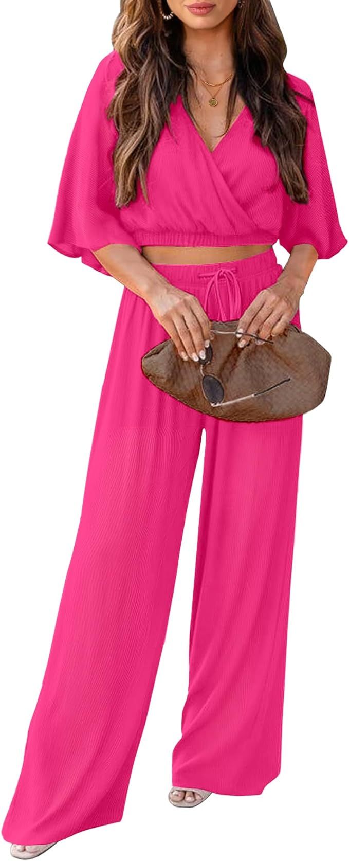 luvamia 2 Piece Outfits for Women Summer 2024 Faux Wrap Crop Top Elastic High Waisted Wide Leg Pa... | Amazon (US)