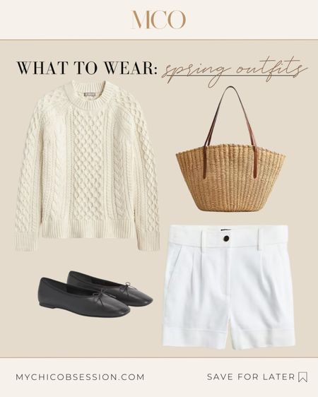 I'm loving this classic spring look! The cozy beige cableknit sweater just screams effortless chic. Pair it with crisp white shorts to usher in the warmer weather, then grab your straw bag - it's perfect for spontaneous adventures. Slip on those comfy black ballet flats and you're ready for a breezy day out. The soft neutrals and natural textures keep it casual yet put-together. It's the perfect spring outfit for grabbing brunch with your besties or strolling through the farmer's market on a sunny day. 

#LTKSpringSale #LTKstyletip #LTKSeasonal