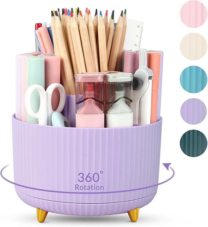 SKYDUE 360 Rotating Purple Pen & Art Supply Organizer - 5 Slot Desk Organizer for Office, School,... | Amazon (US)