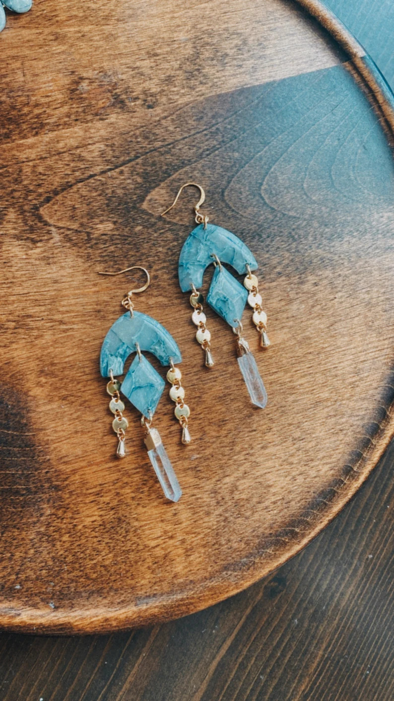 Crystal Gold Statement Dangly Earrings Boho Cottage Core Handmade Polymer Clay Gifts for Her Ligh... | Etsy (US)