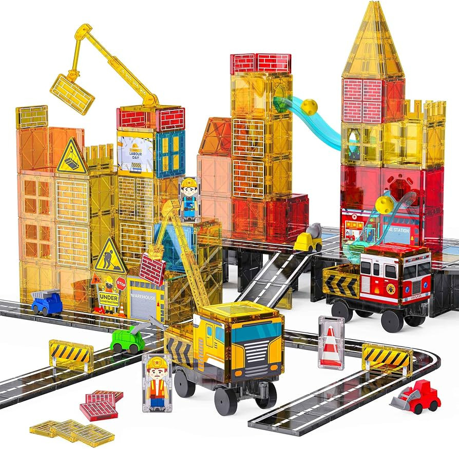 SKTMYY Magnetic Tiles Construction Toys with Road & Crane & Marble Run, Double-Sided Fire Station... | Amazon (US)