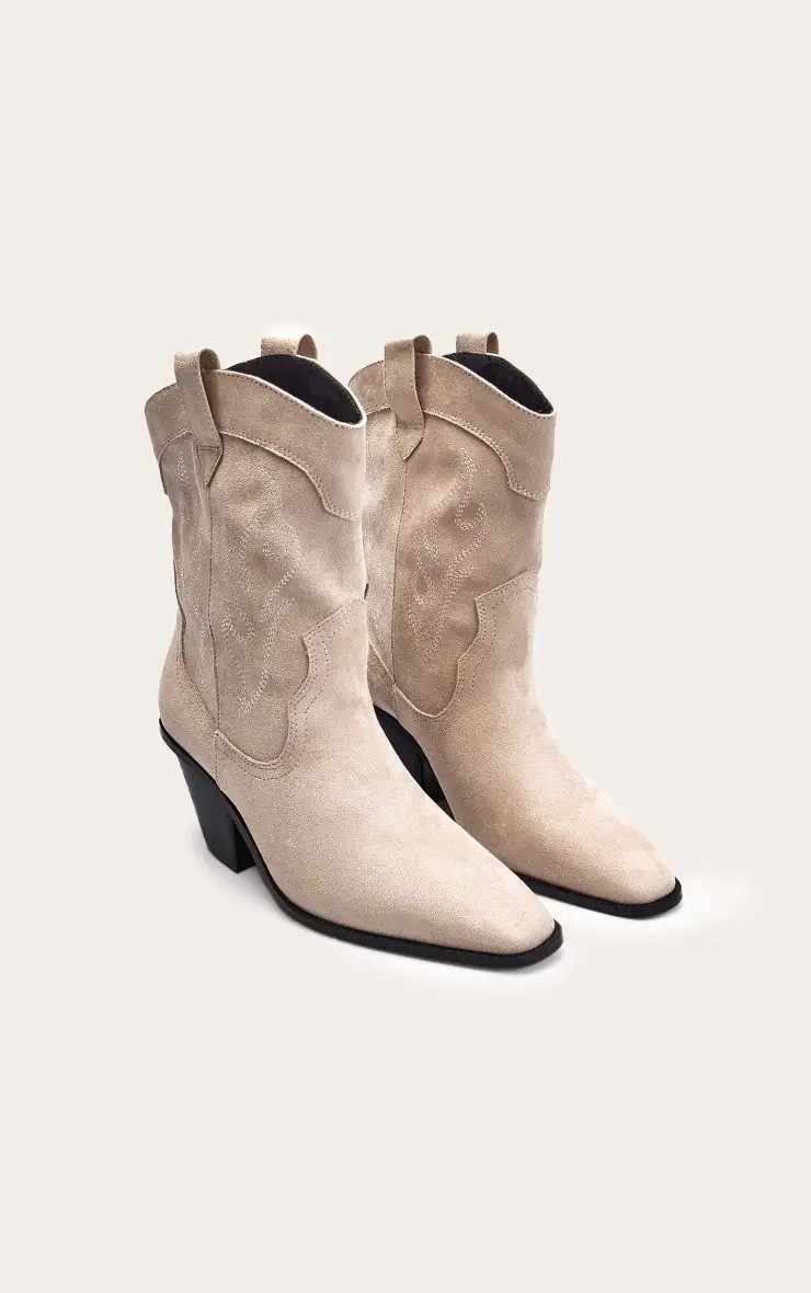 Sand Faux Suede Embroidered Western Ankle Boots | PrettyLittleThing UK