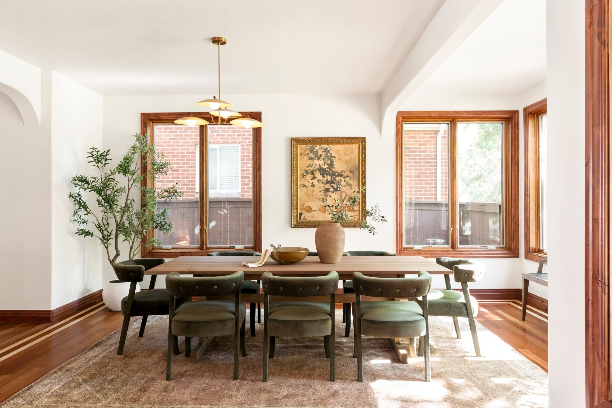 Dining room with green tufted dining chairs, floral artwork and brown vintage inspired rug. 

Dining, dining chairs, chair, vintage art

#LTKHome