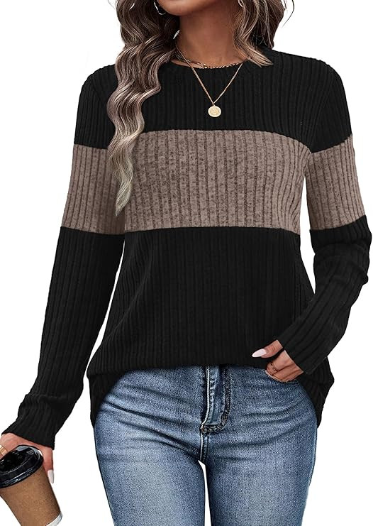 WIHOLL Womens Sweaters Trendy Color Block Tops Long Sleeve Shirts Fall Outfits Early Fall Fashion... | Amazon (US)