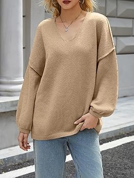 UNCLECAT Womens Oversized V Neck Sweaters Chunky Knit Long Lantern Sleeve Fall Winter Slouchy Tun... | Amazon (US)
