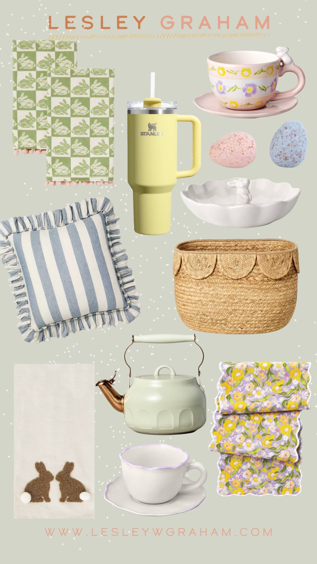 Easter and spring decor floral tablecloth scalloped basket pistachio teapot striped ruffle pillow candy dish my fave Easter candy bunny kitchen towels bunny bath hand towels bright Stanley tumblers

#LTKSeasonal #LTKHome #LTKFindsUnder50