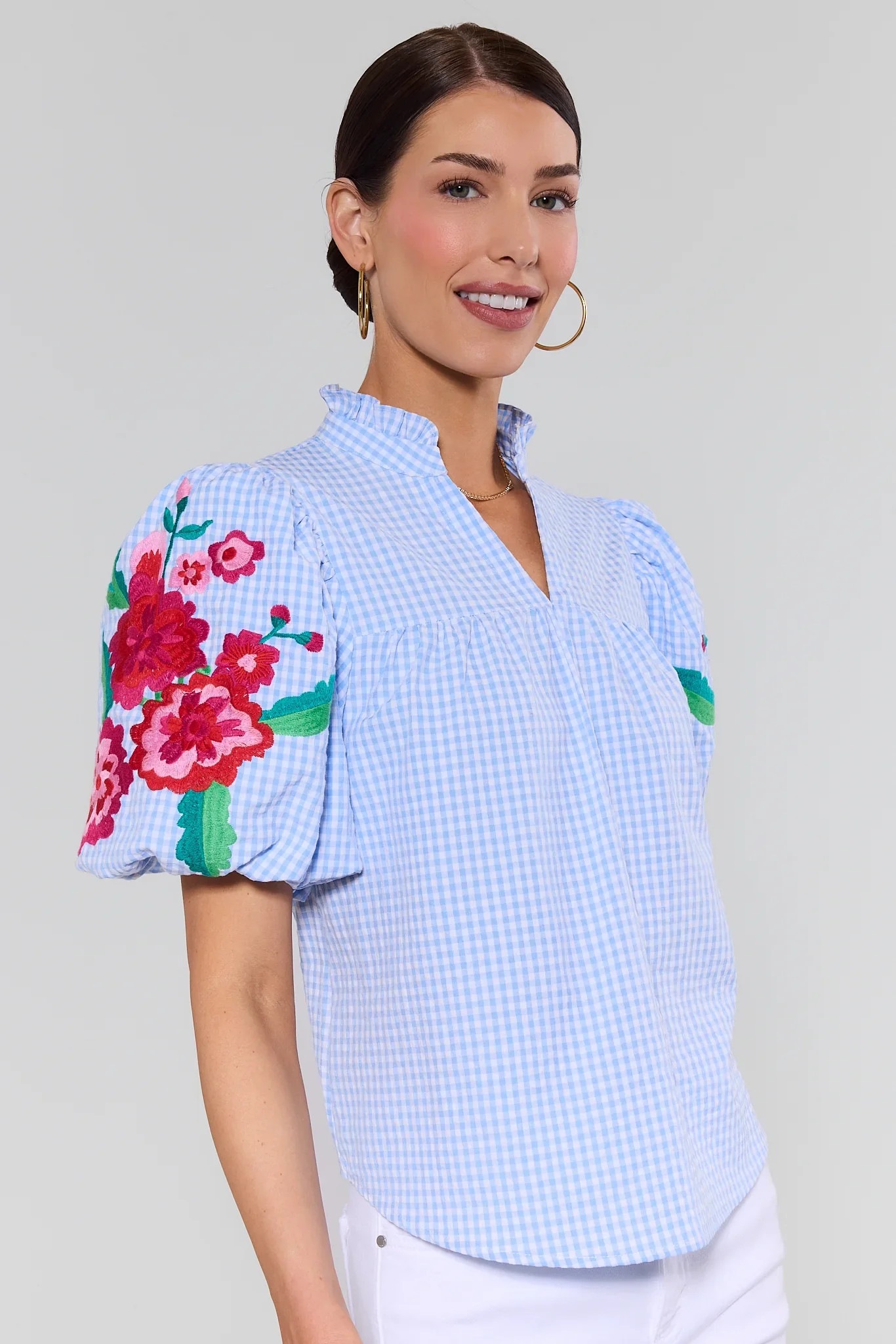 Zoe Blue Gingham Embroidered Top | Avara