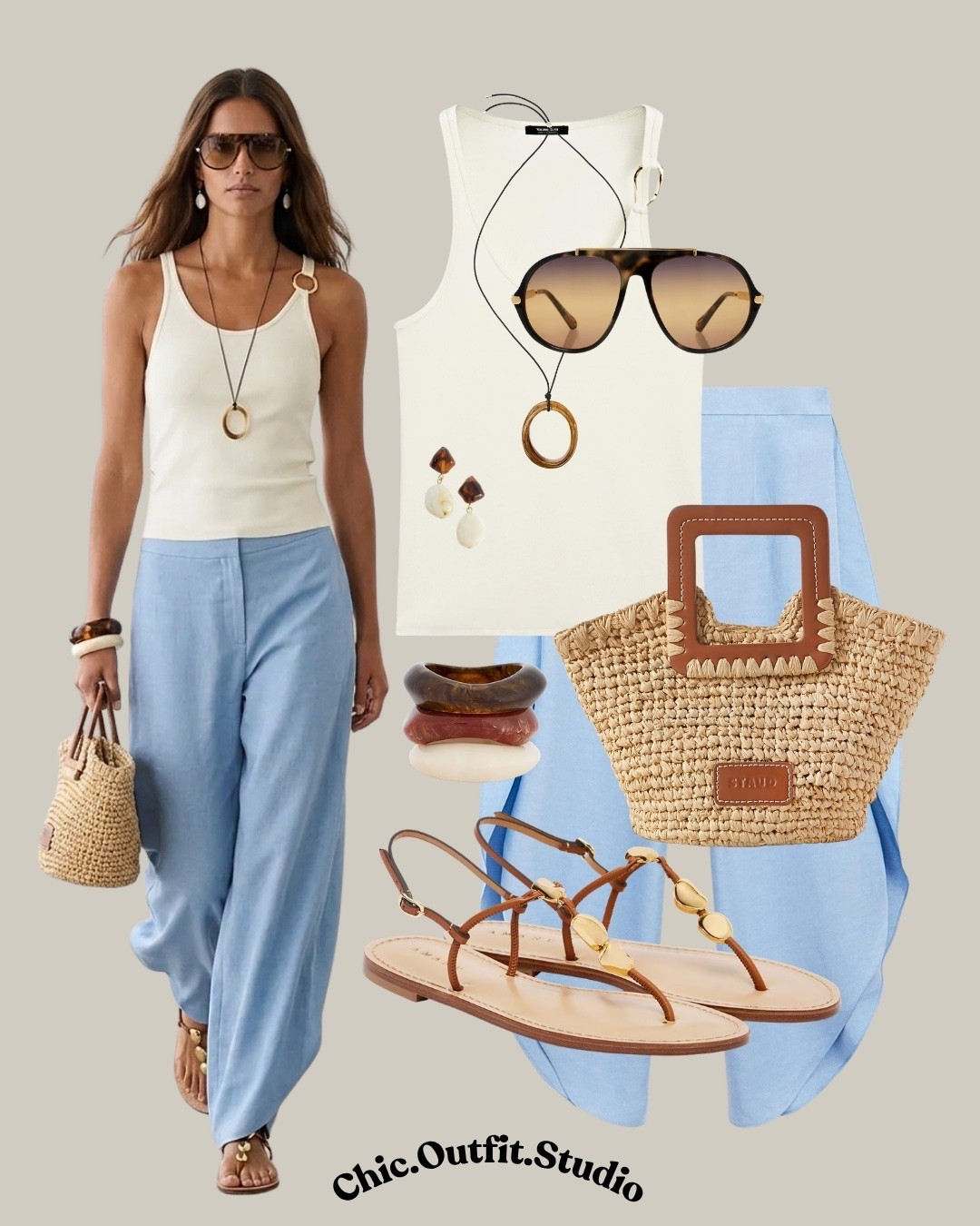 Soft Blue Wide-Leg Pants & White Tank Summer Outfit

✨A clean white tank top with gold ring detail pairs beautifully with soft blue flowy wide-leg pants for a fresh and effortless summer outfit. Neutral accessories, woven textures, and delicate gold accents create an elevated minimalist look that's perfect for warm-weather dressing. Ideal for vacations, coastal towns, brunch dates, sightseeing, shopping days, travel, or casual summer lunches.

 ✨Tags: blue wide leg pants outfit, white tank top outfit, minimalist summer outfit, European summer style, elegant casual outfit women, vacation outfit ideas, coastal chic outfit, resort wear women, effortless everyday style, neutral accessories outfit, woven bag outfit, classy summer fashion, relaxed elegant outfit Tags: blue wide leg pants outfit, white tank top outfit, minimalist summer outfit, European summer style, elegant casual outfit women, vacation outfit ideas, coastal chic outfit, resort wear women, effortless everyday style, neutral accessories outfit, woven bag outfit, classy summer fashion, relaxed elegant outfit

#LTKsummer #LTKbag #LTKshoes