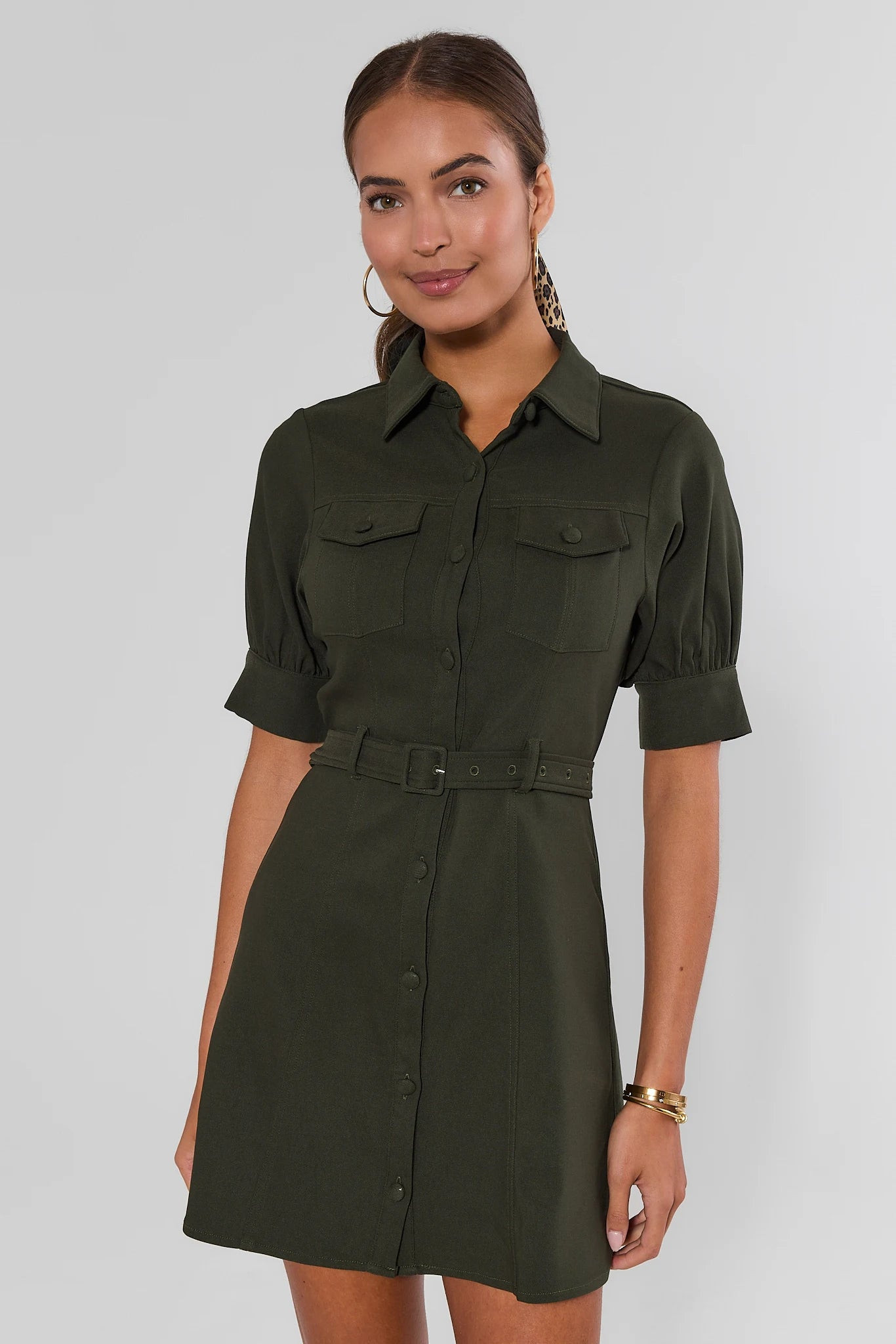Green Button Up Belted Short Dress | Avara