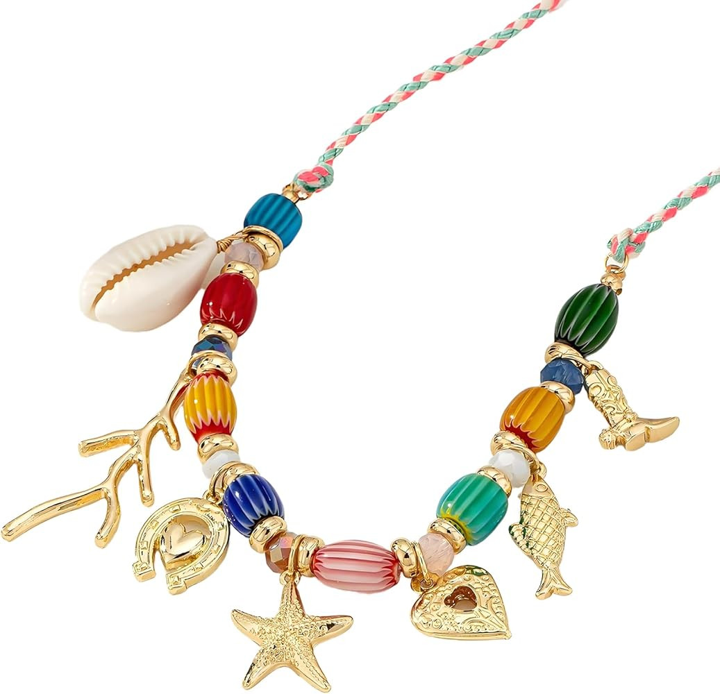 Starfish Necklace For Women, Gold Fish Sea Shell Large Colorful Bead Pendant Rope Necklaces Stack... | Amazon (US)