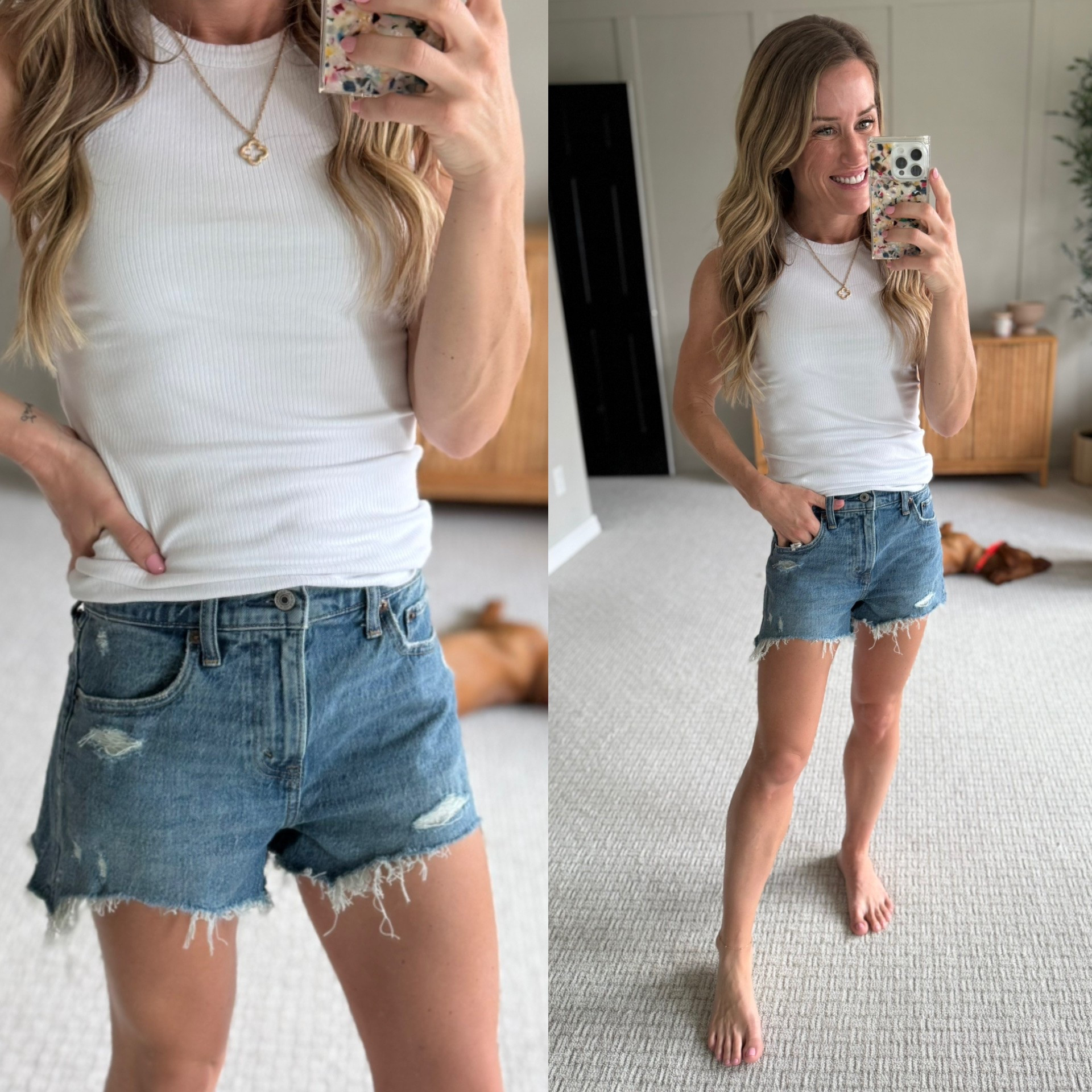 Abercrombie denim shorts 
Wearing size 25
5’2” in height

#LTKmomlife #LTKootd