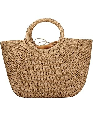 YYW Straw Bags for Women,Hand-woven Straw Large Bag Round Handle Ring Tote Retro Summer Beach Rat... | Amazon (US)