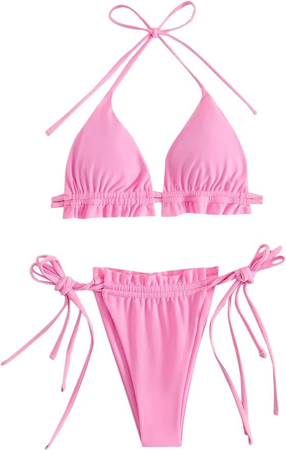 SweatyRocks Women's Solid Color Bathing Suits Halter Triangle Bikini Top Thong Swimsuits | Amazon (US)