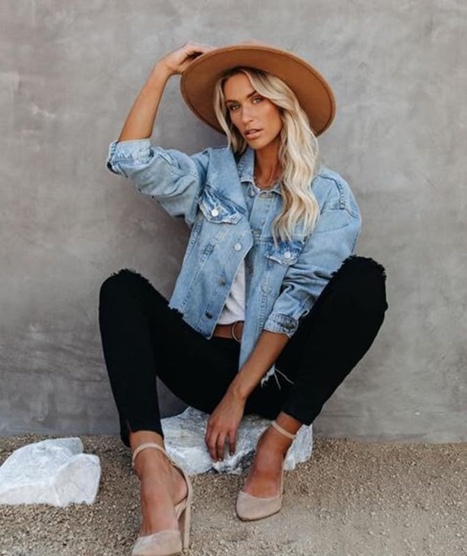 LONGBIDA Women's Jean Jacket Frayed Washed Button Up Cropped Denim Jacket With Pockets | Amazon (US)