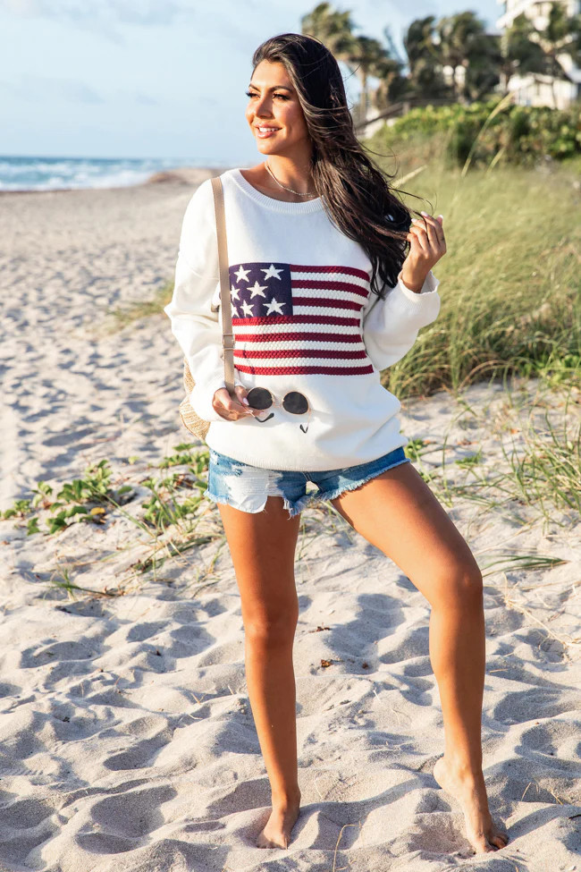 Home Of The Free Ivory Textured Flag Sweater | Pink Lily