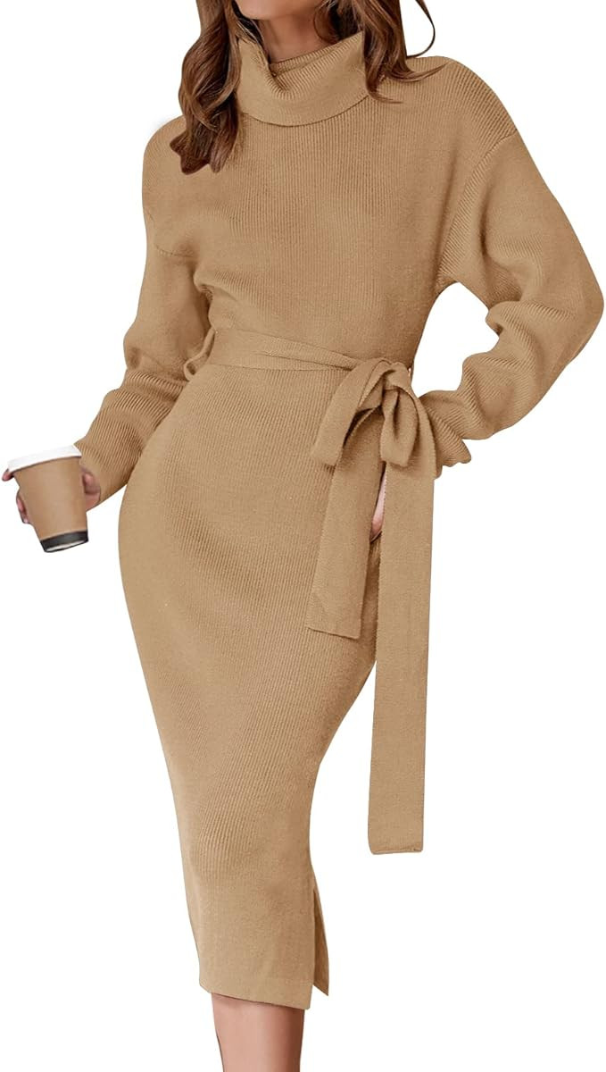 ZESICA Women's Turtleneck Sweater Midi Dress Long Sleeve Ribbed Knit Bodycon Slit Dress with Belt | Amazon (US)