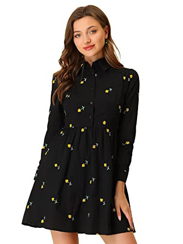 Allegra K Women's Shirt Dress Long Sleeve Collared Floral Embroidered Casual Mini Dresses Medium Black | Amazon (US)