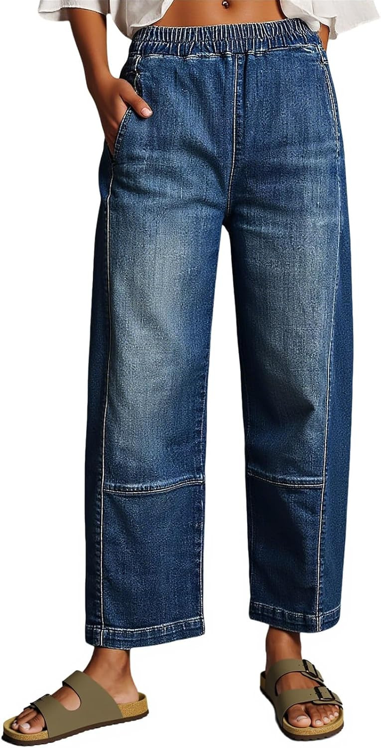 Cicy Bell Womens Baggy Cropped Jeans Elastic High Waisted Wide Leg Trendy Stretchy Seam Barrel Capri Denim Pants | Amazon (US)